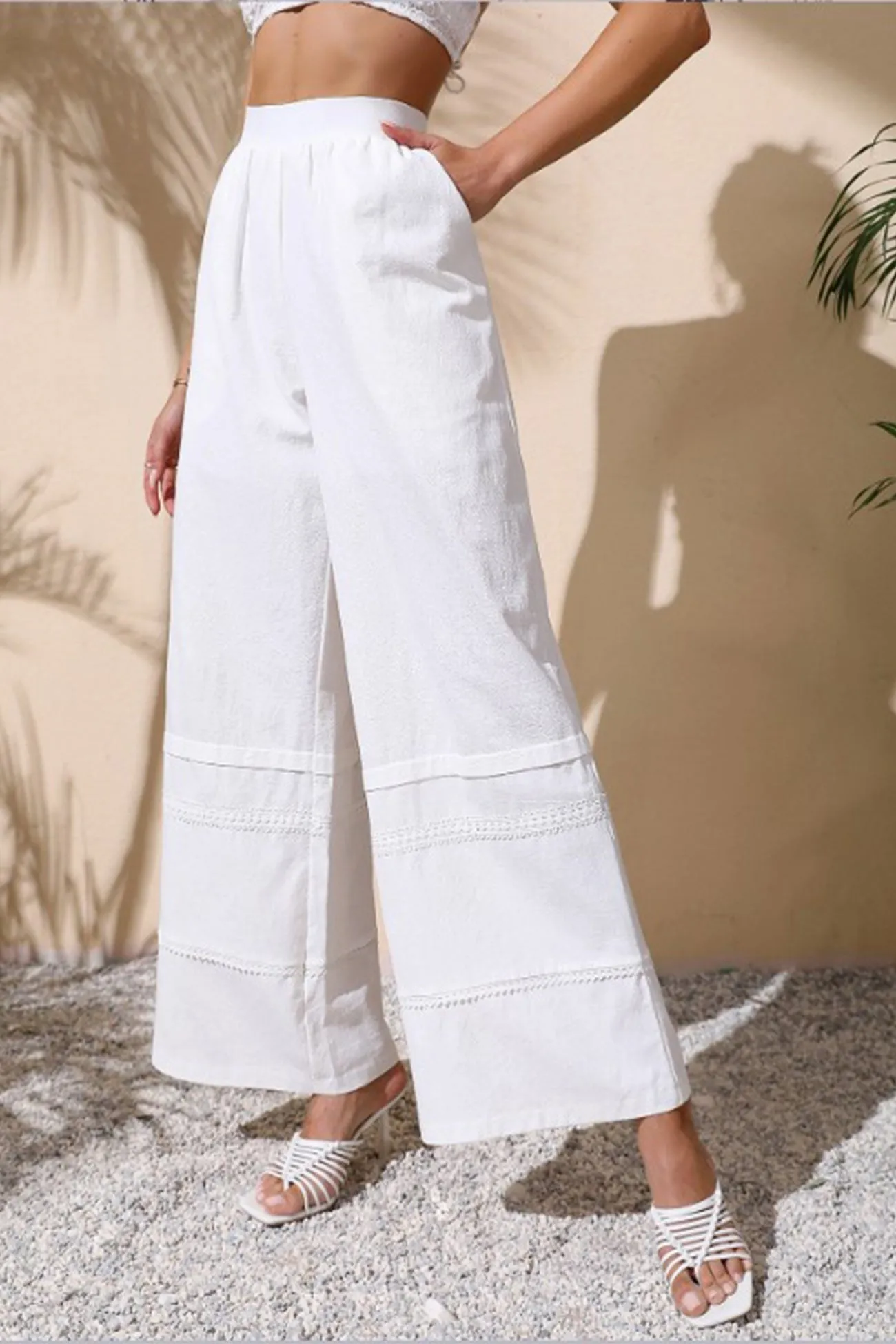 White Embossing Wide Leg Pants