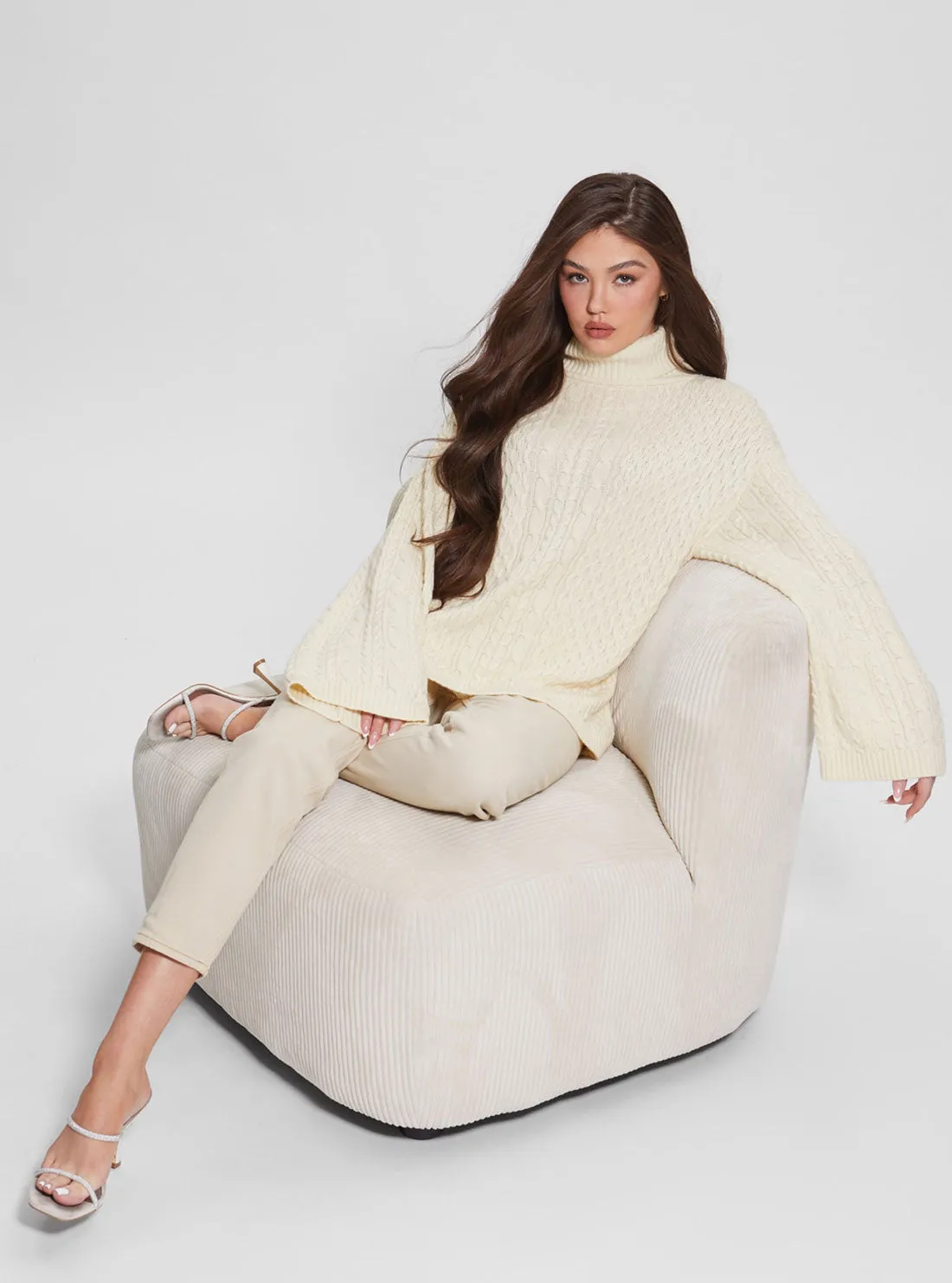 White Wendi Cable Knit Turtleneck Top