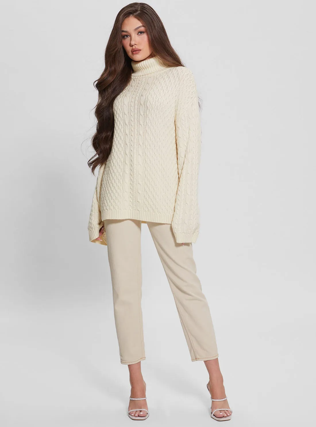 White Wendi Cable Knit Turtleneck Top