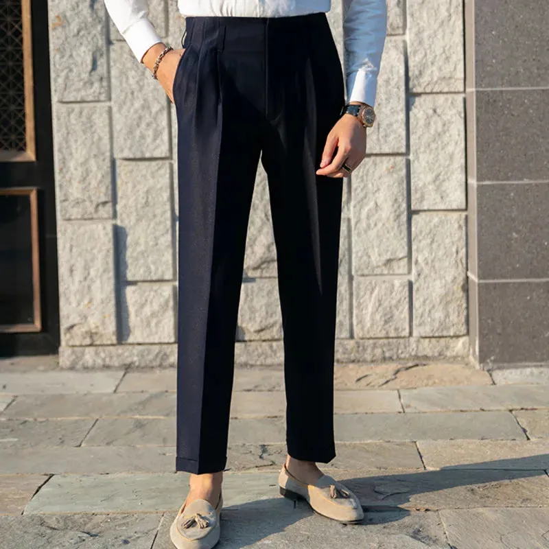 Wiaofellas  -  British Style Simple High Waist Casual Pants Slim Solid Suit Trousers