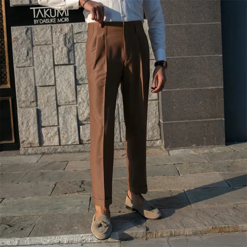 Wiaofellas  -  British Style Simple High Waist Casual Pants Slim Solid Suit Trousers