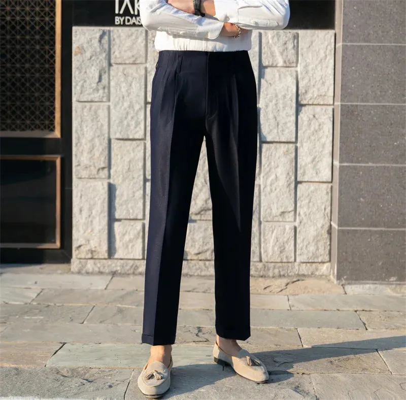 Wiaofellas  -  British Style Simple High Waist Casual Pants Slim Solid Suit Trousers