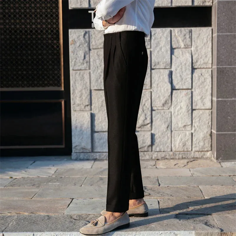 Wiaofellas  -  British Style Simple High Waist Casual Pants Slim Solid Suit Trousers