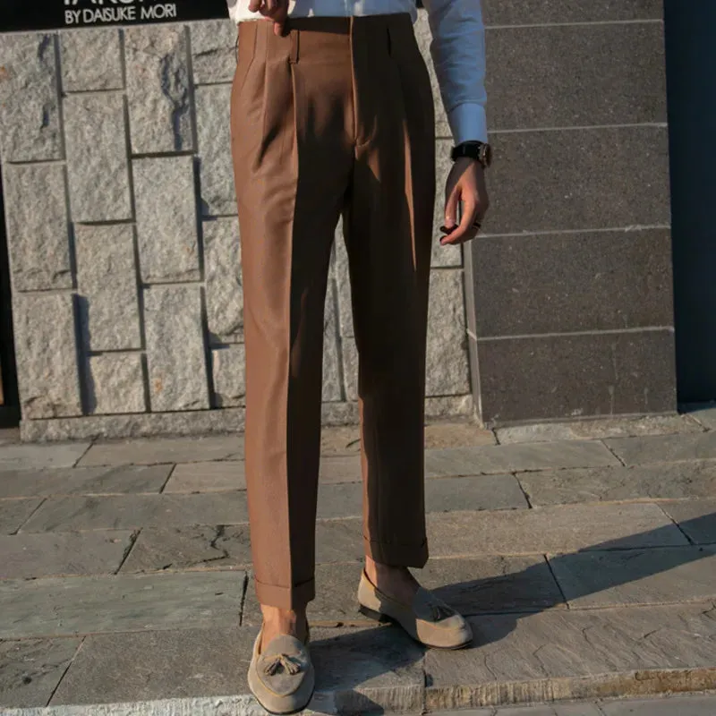 Wiaofellas  -  British Style Simple High Waist Casual Pants Slim Solid Suit Trousers