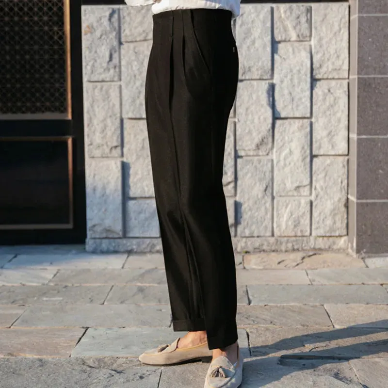 Wiaofellas  -  British Style Simple High Waist Casual Pants Slim Solid Suit Trousers