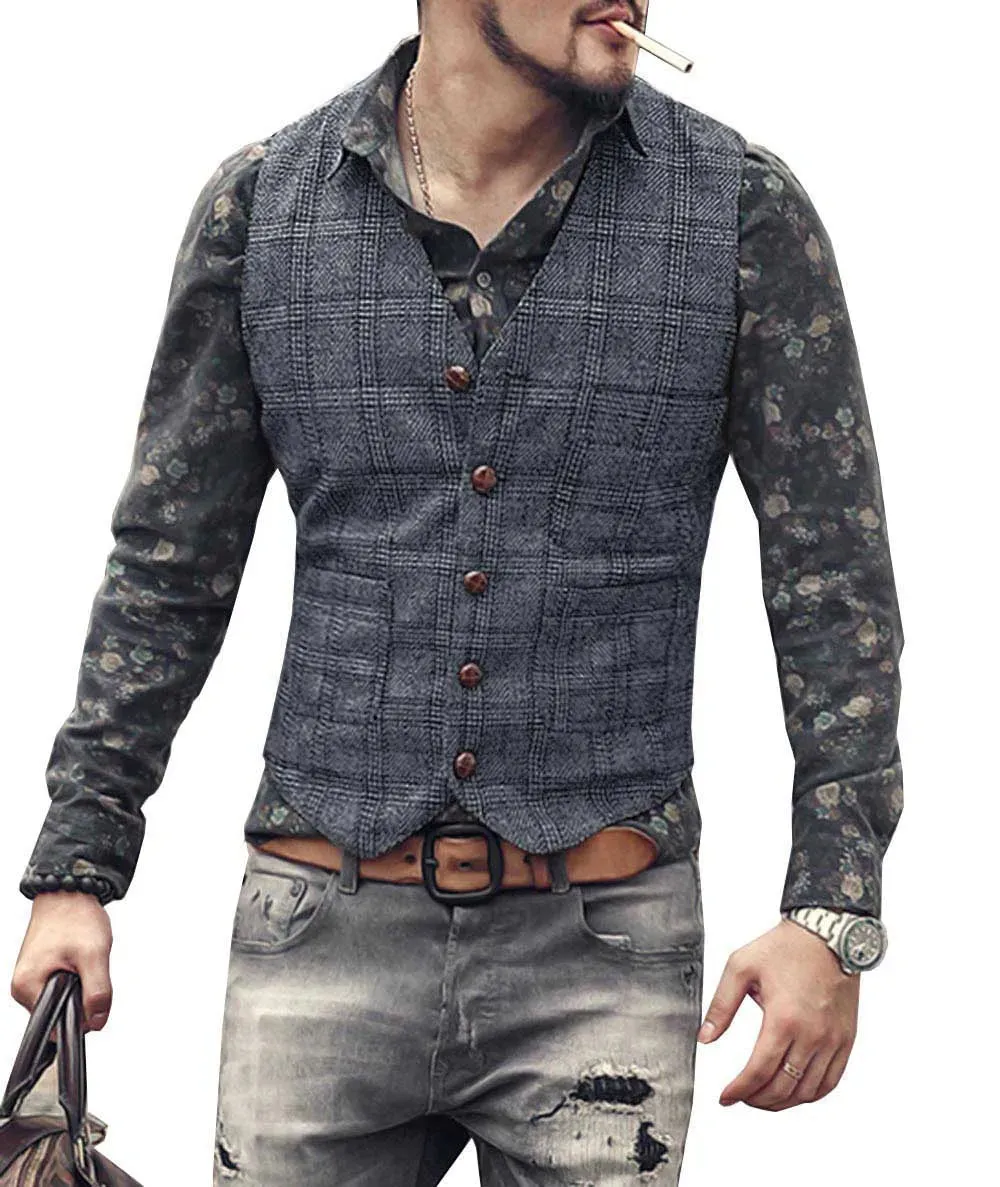 Wiaofellas  -  Men's Vest Brown Black Waistcoat Man Plaid Steampunk Jacket Striped Tweed V Neck Slim Fit Gilet Wedding Clothing