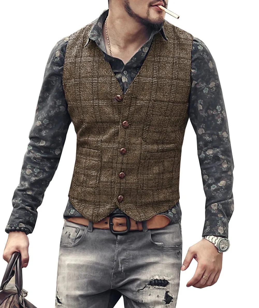 Wiaofellas  -  Men's Vest Brown Black Waistcoat Man Plaid Steampunk Jacket Striped Tweed V Neck Slim Fit Gilet Wedding Clothing