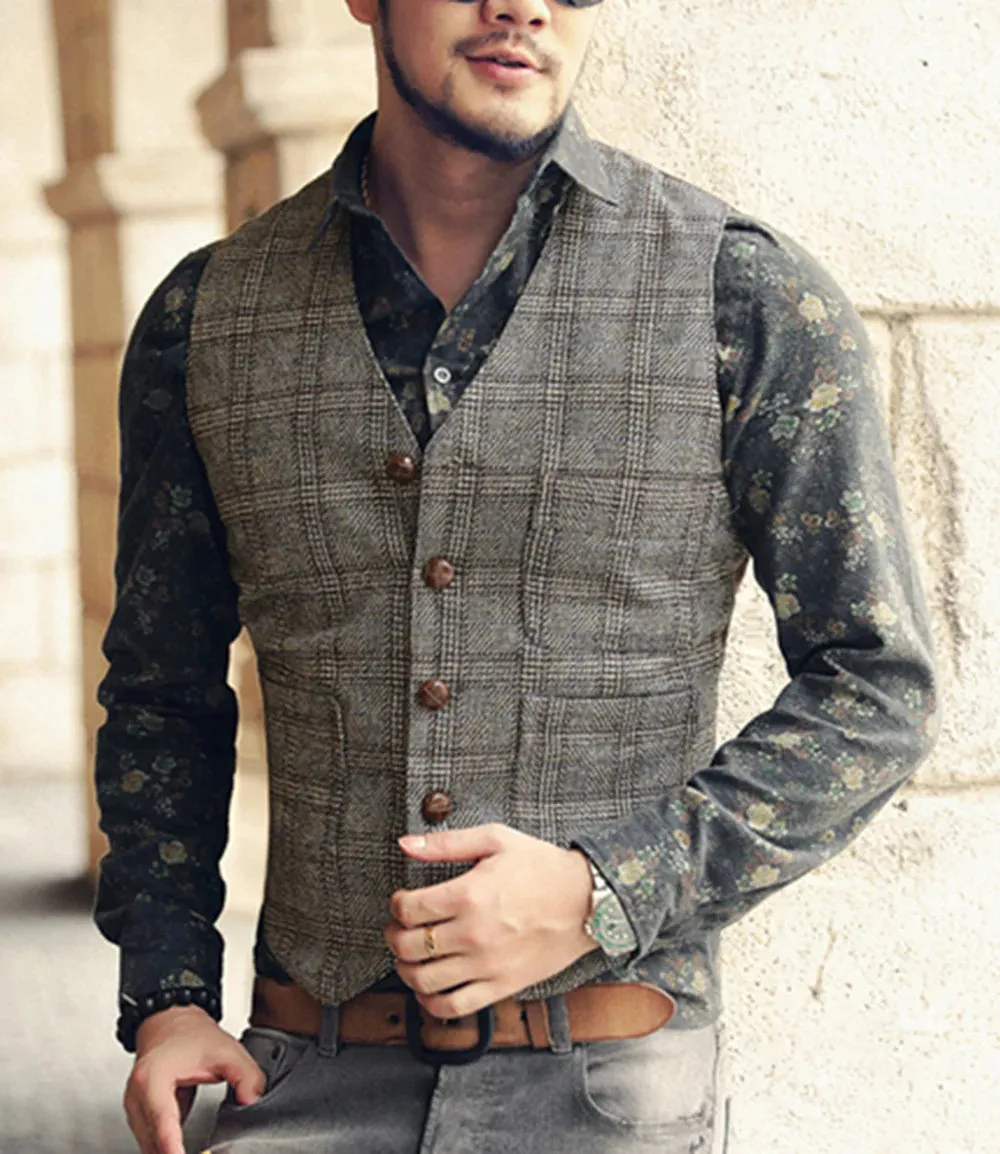 Wiaofellas  -  Men's Vest Brown Black Waistcoat Man Plaid Steampunk Jacket Striped Tweed V Neck Slim Fit Gilet Wedding Clothing