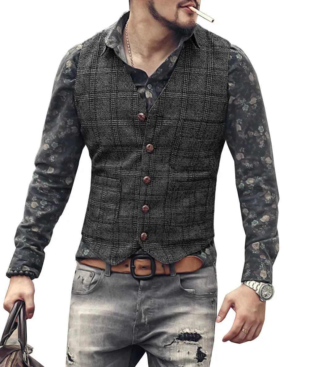 Wiaofellas  -  Men's Vest Brown Black Waistcoat Man Plaid Steampunk Jacket Striped Tweed V Neck Slim Fit Gilet Wedding Clothing