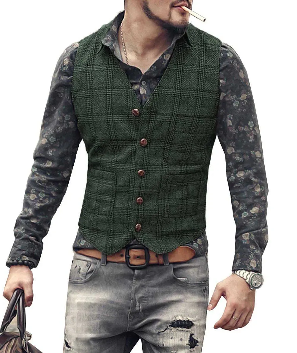 Wiaofellas  -  Men's Vest Brown Black Waistcoat Man Plaid Steampunk Jacket Striped Tweed V Neck Slim Fit Gilet Wedding Clothing