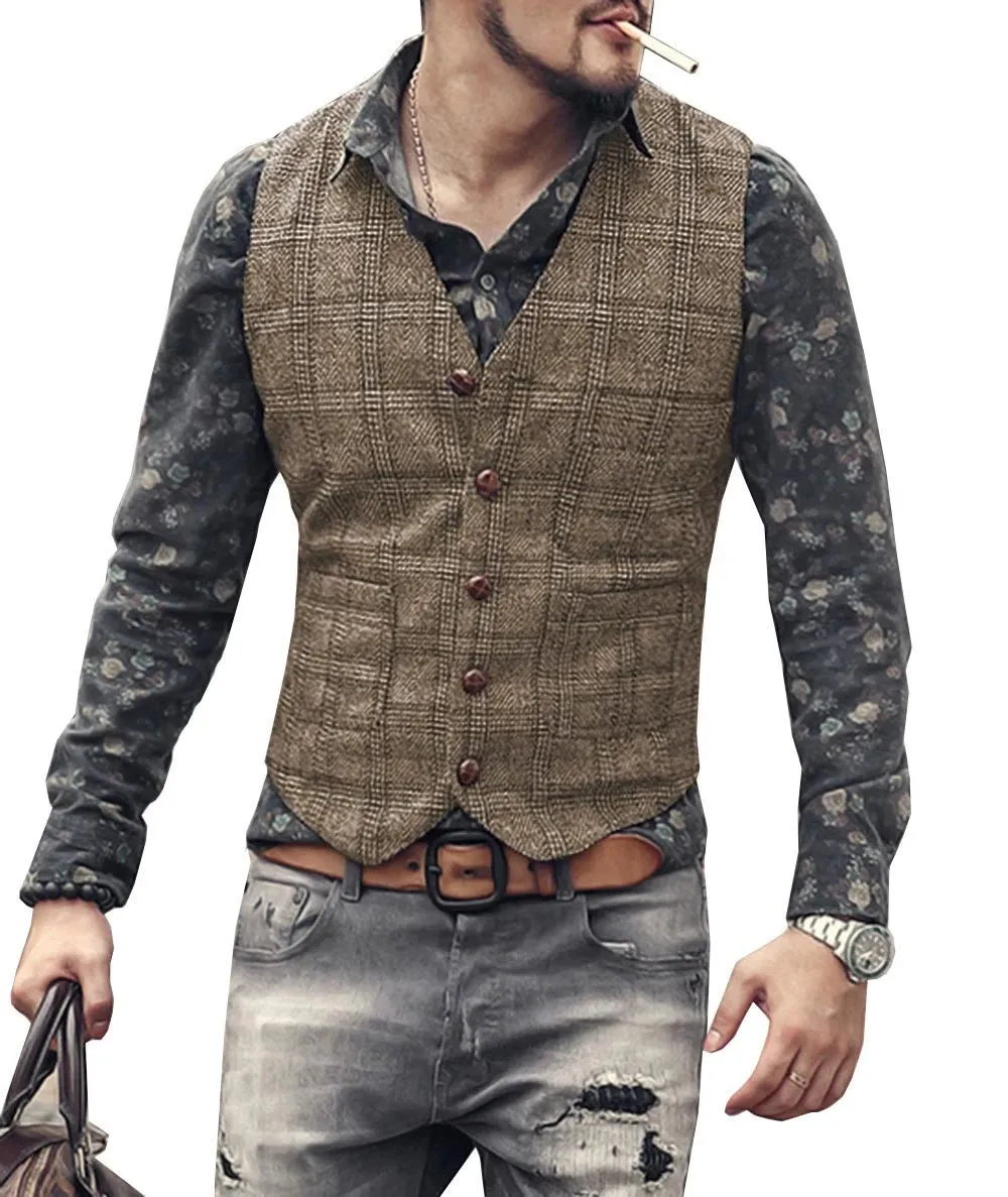 Wiaofellas  -  Men's Vest Brown Black Waistcoat Man Plaid Steampunk Jacket Striped Tweed V Neck Slim Fit Gilet Wedding Clothing