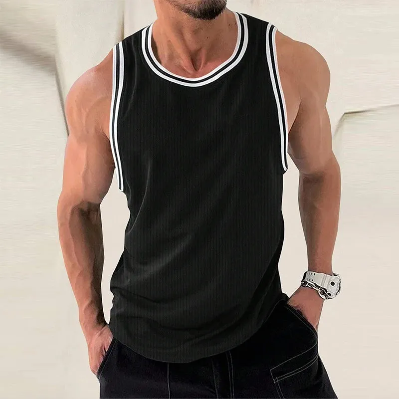 Wiaofellas  -  Summer Leisure Breathable Ribbed Tank Tops Men Fashion Patchwork Striped Sleeveless Crew Neck Vest Mens New Casual Slim Camisole