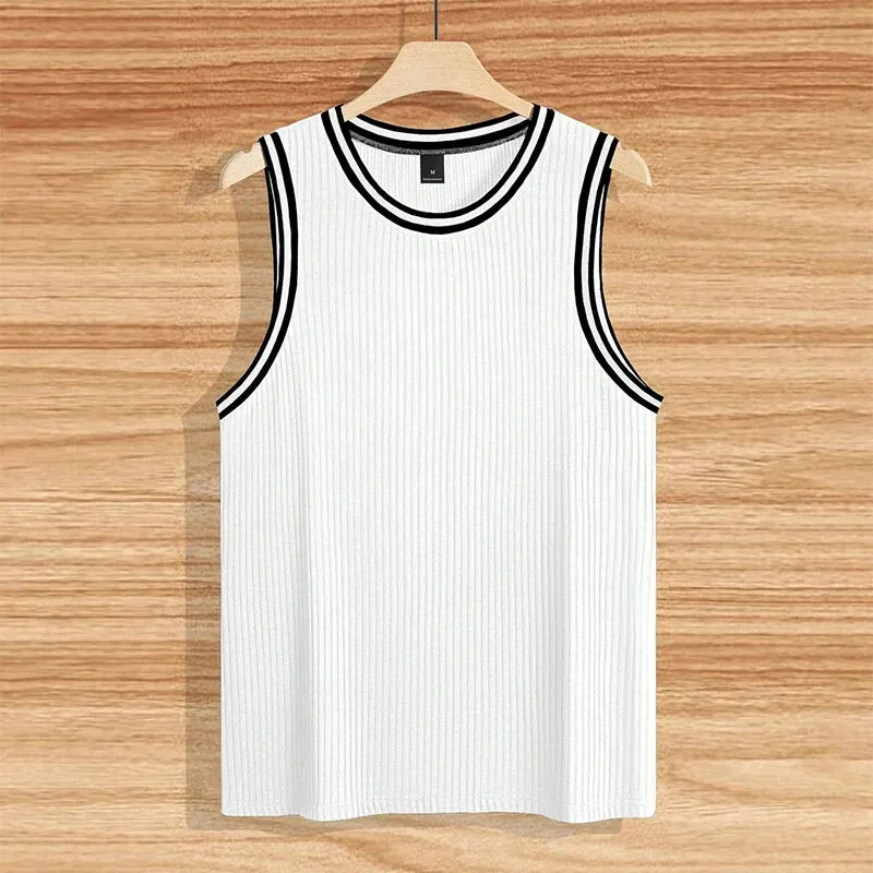 Wiaofellas  -  Summer Leisure Breathable Ribbed Tank Tops Men Fashion Patchwork Striped Sleeveless Crew Neck Vest Mens New Casual Slim Camisole