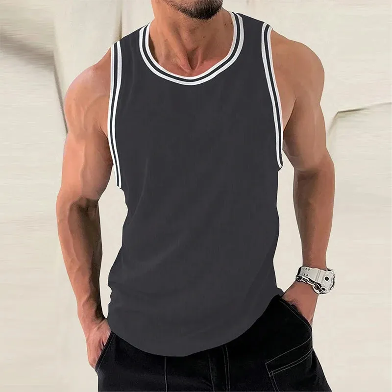 Wiaofellas  -  Summer Leisure Breathable Ribbed Tank Tops Men Fashion Patchwork Striped Sleeveless Crew Neck Vest Mens New Casual Slim Camisole