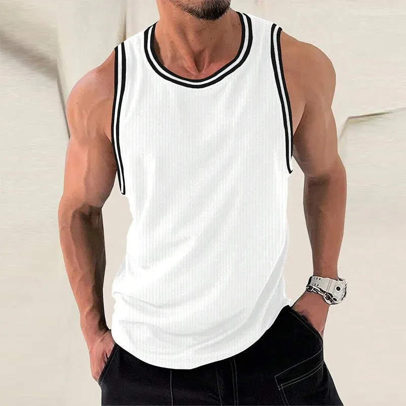 Wiaofellas  -  Summer Leisure Breathable Ribbed Tank Tops Men Fashion Patchwork Striped Sleeveless Crew Neck Vest Mens New Casual Slim Camisole