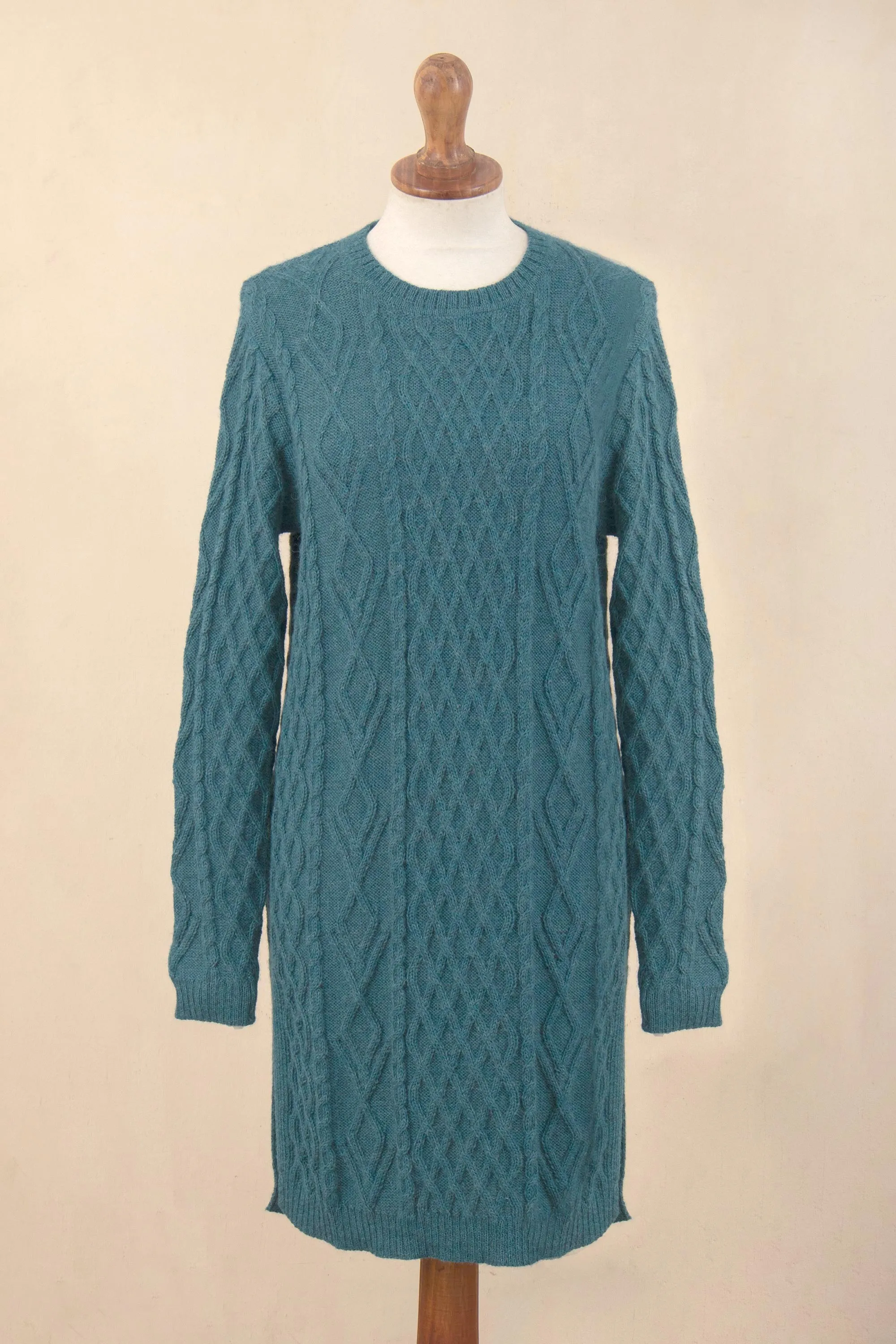 Winter Teal Baby Alpaca Teal Cable Knit Tunic Sweater Dress