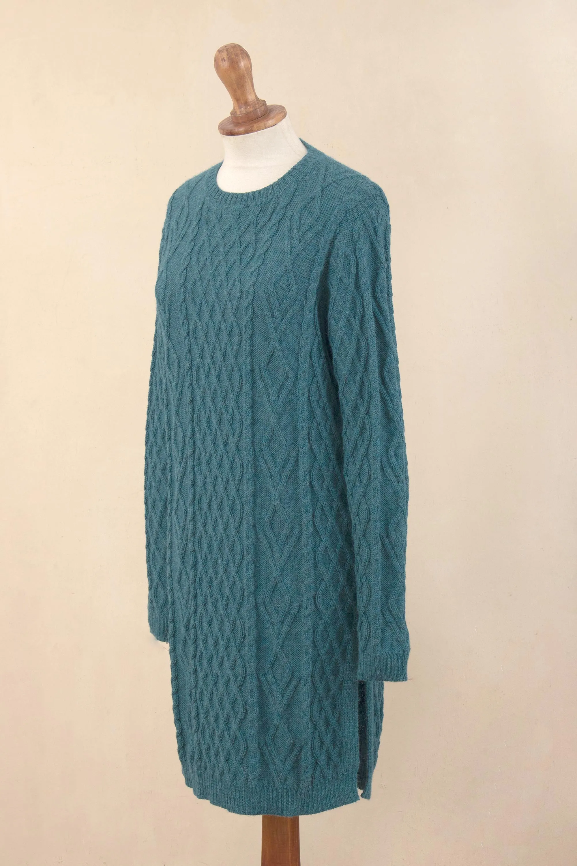 Winter Teal Baby Alpaca Teal Cable Knit Tunic Sweater Dress