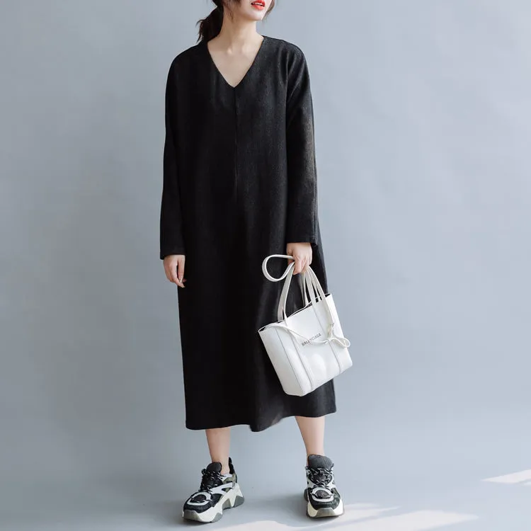 Women Cotton Simple V Neck Loose Dress