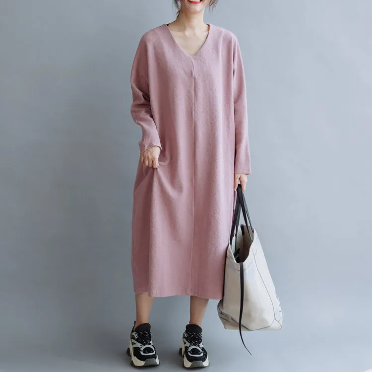 Women Cotton Simple V Neck Loose Dress