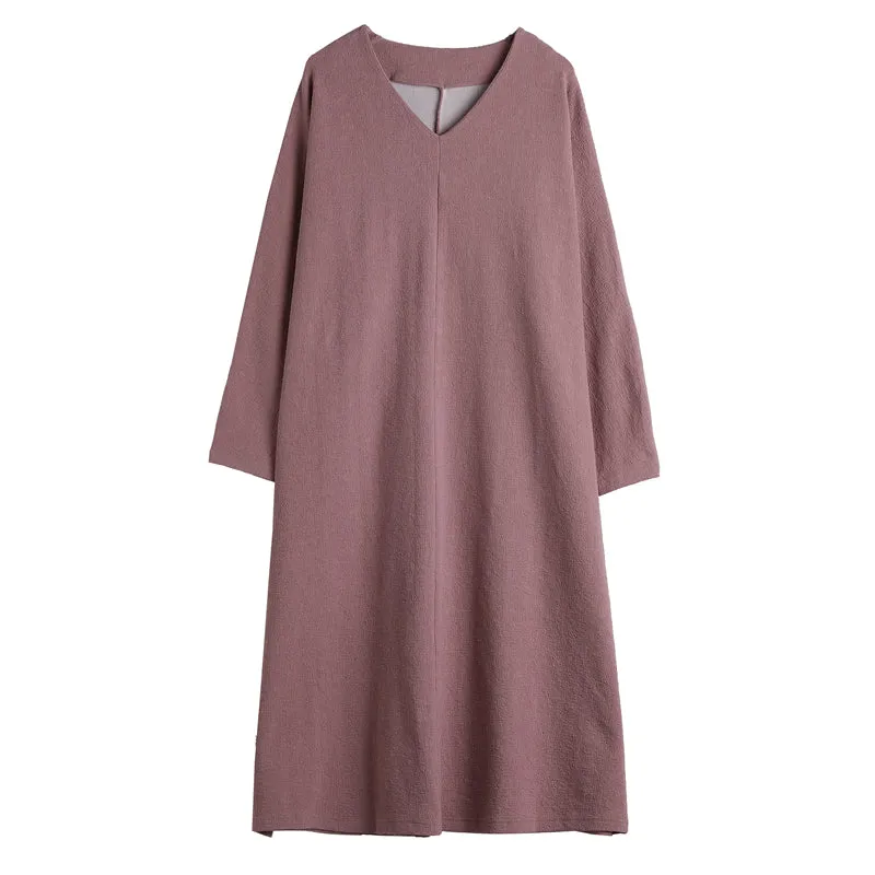 Women Cotton Simple V Neck Loose Dress