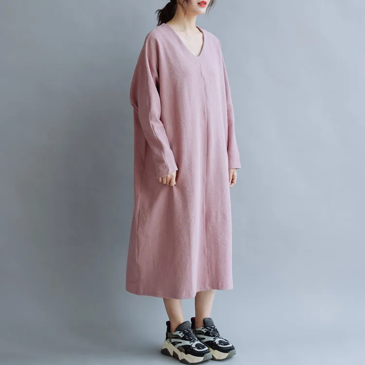 Women Cotton Simple V Neck Loose Dress