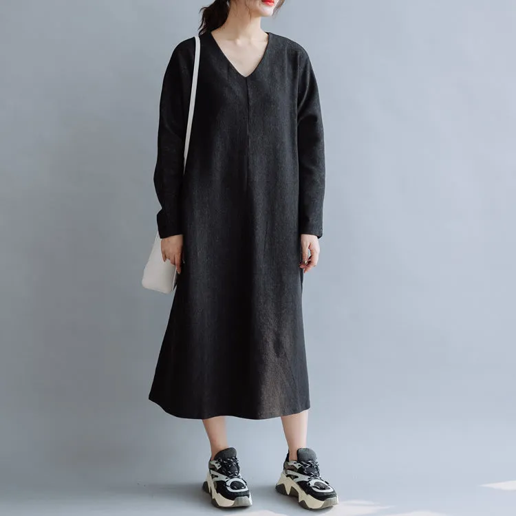 Women Cotton Simple V Neck Loose Dress