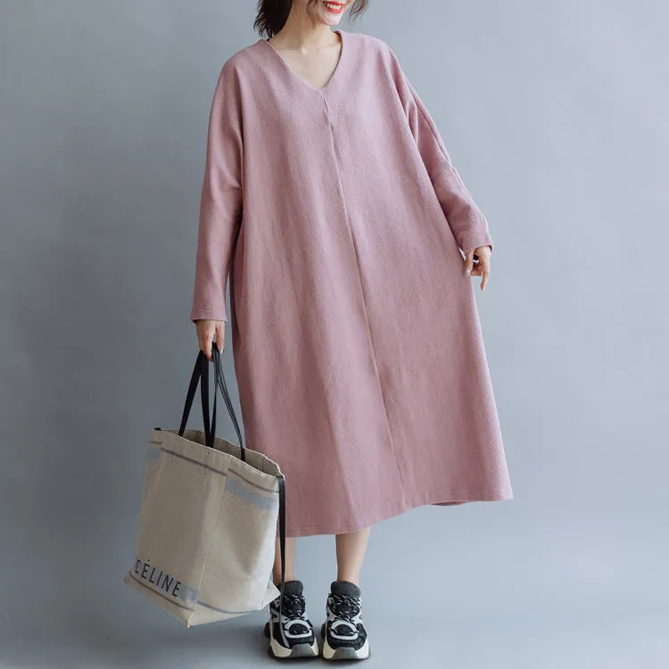 Women Cotton Simple V Neck Loose Dress