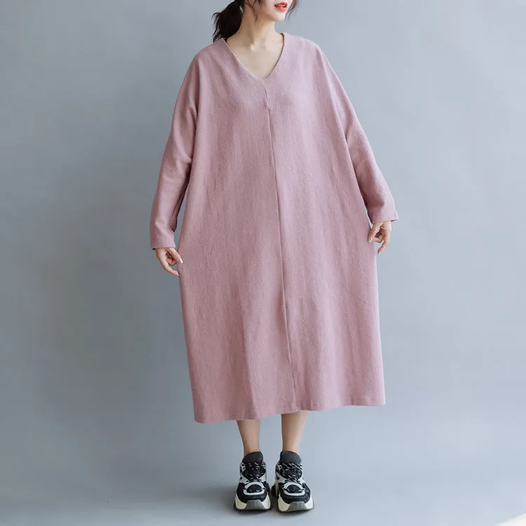 Women Cotton Simple V Neck Loose Dress