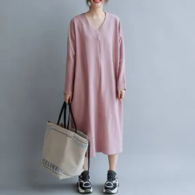 Women Cotton Simple V Neck Loose Dress