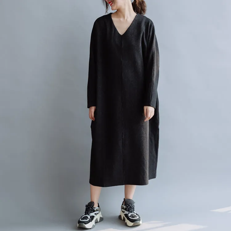 Women Cotton Simple V Neck Loose Dress