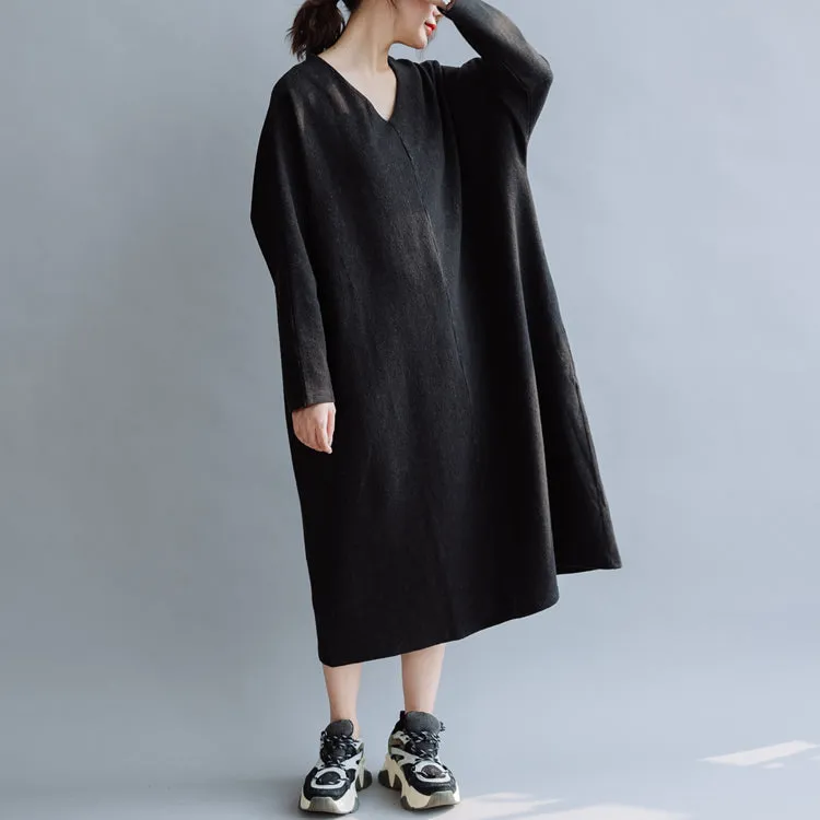 Women Cotton Simple V Neck Loose Dress