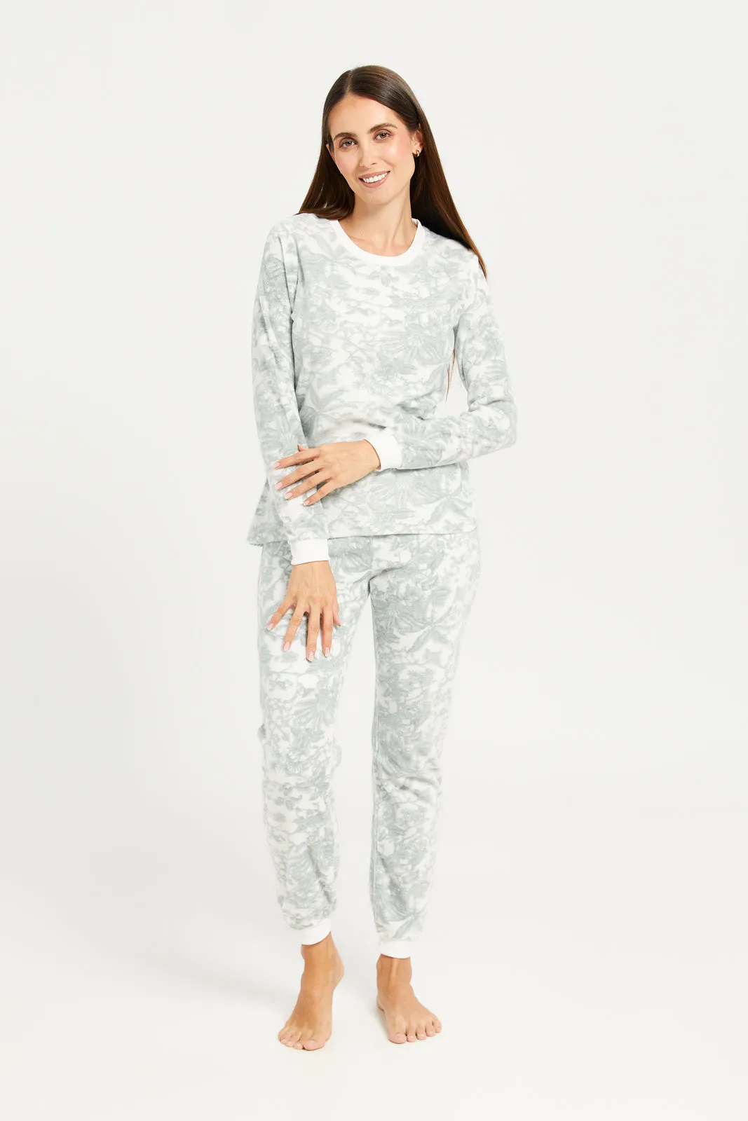 Women Ivory Printed Long Sleeve Pyjama Set (2 Piece)