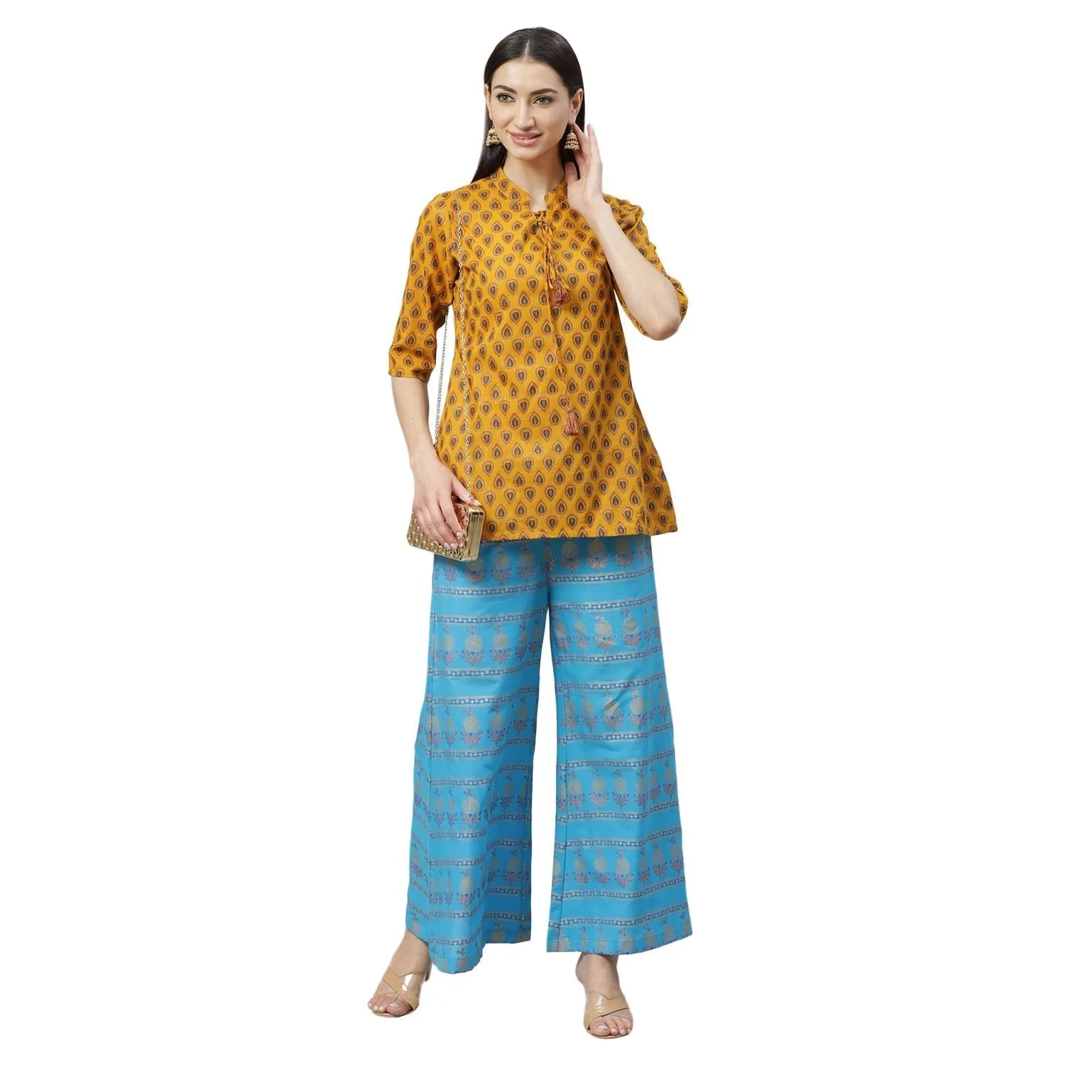 Women's Blue Cotton Printed Casual Palazzo Pants