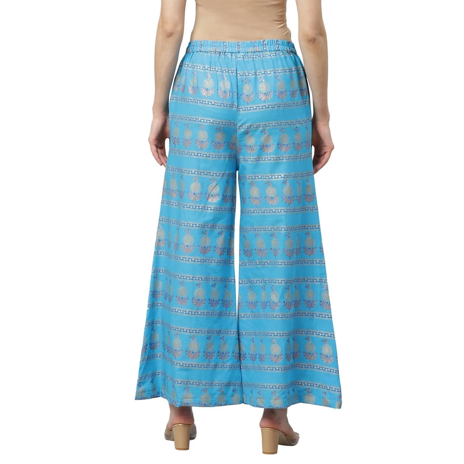 Women's Blue Cotton Printed Casual Palazzo Pants