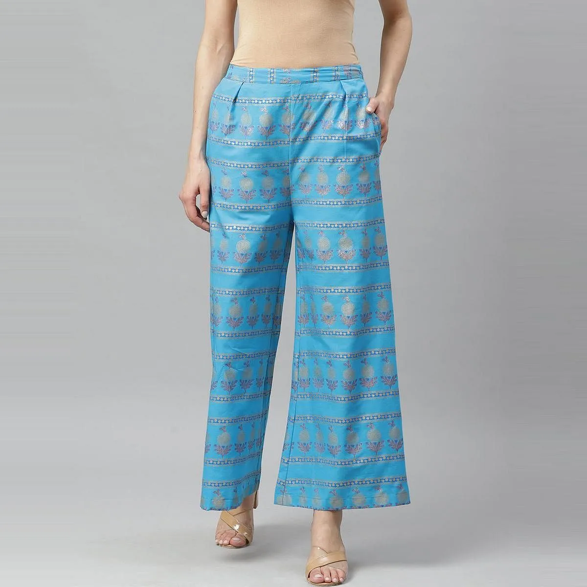 Women's Blue Cotton Printed Casual Palazzo Pants