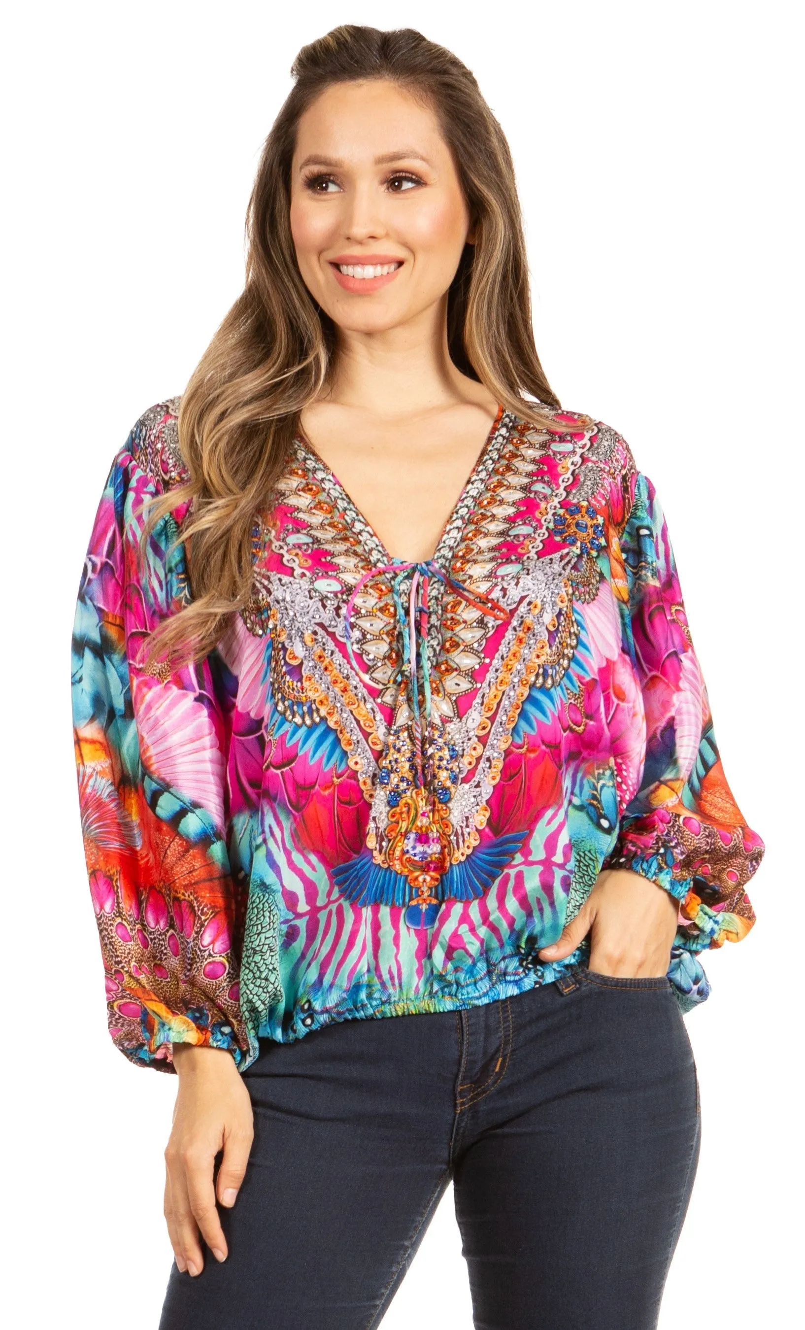 Women's Boho Floral Tunic Top with V-Neck and Elastic Sleeves by Sakkas Sante