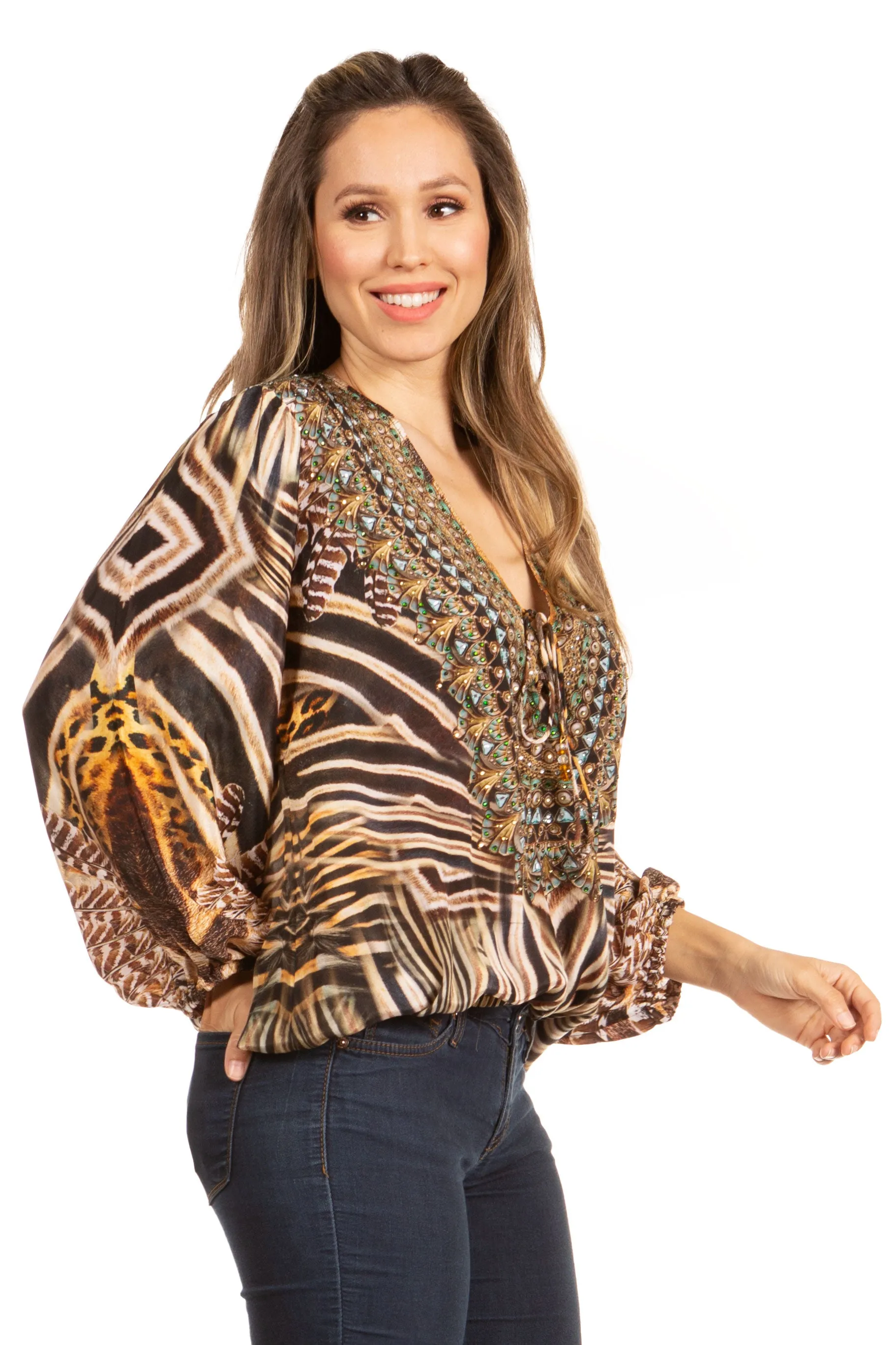 Women's Boho Floral Tunic Top with V-Neck and Elastic Sleeves by Sakkas Sante