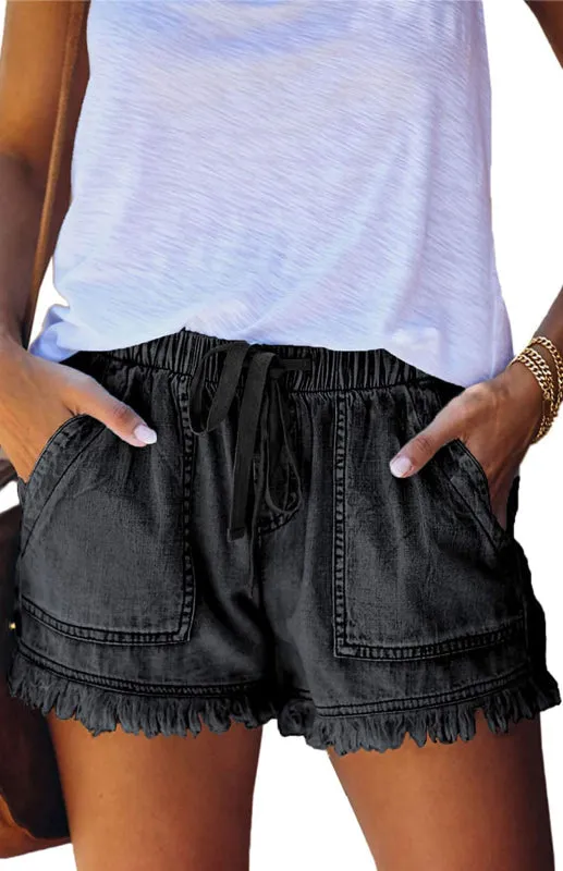 Women's Elastic Waist Drawstring Casual High Waist Slim Denim Shorts