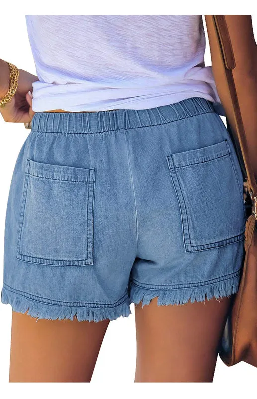 Women's Elastic Waist Drawstring Casual High Waist Slim Denim Shorts