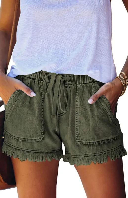 Women's Elastic Waist Drawstring Casual High Waist Slim Denim Shorts