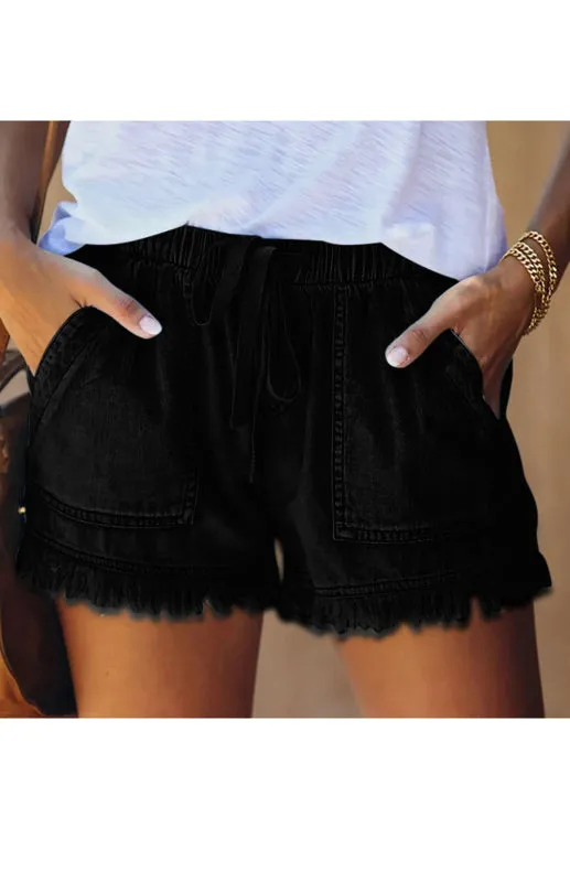 Women's Elastic Waist Drawstring Casual High Waist Slim Denim Shorts