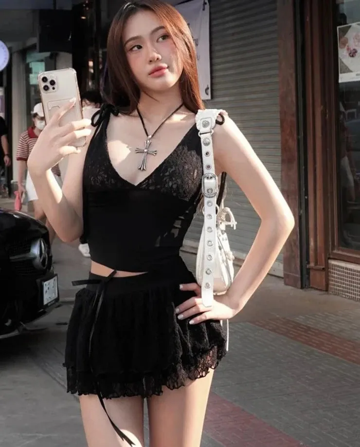 Women's Halter Lace Two Pieces Sets Spaghetti Strap Camisole Hip Slim Mini Skirt New Streetwear Female Dress Suit Hot