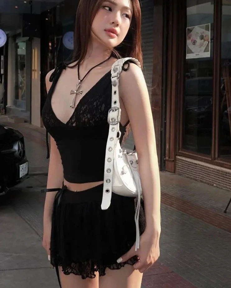 Women's Halter Lace Two Pieces Sets Spaghetti Strap Camisole Hip Slim Mini Skirt New Streetwear Female Dress Suit Hot