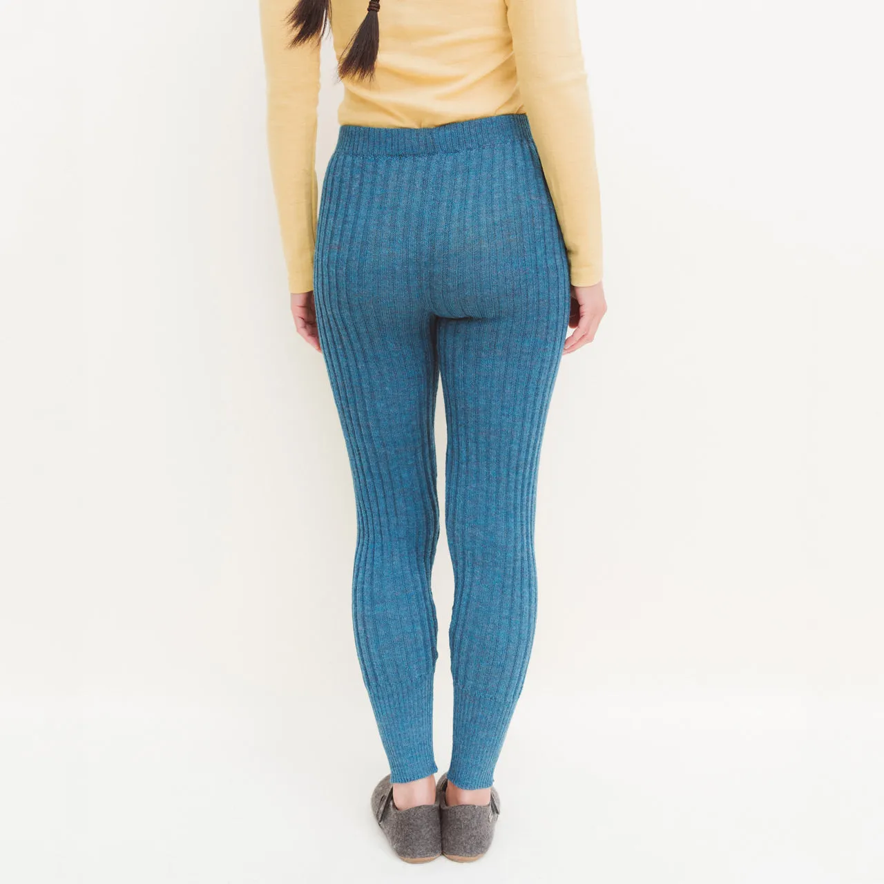 Women's High Waisted Knitted Rib Leggings - 100% Baby Alpaca - Light Peacock (S-XL) *Returning 2025