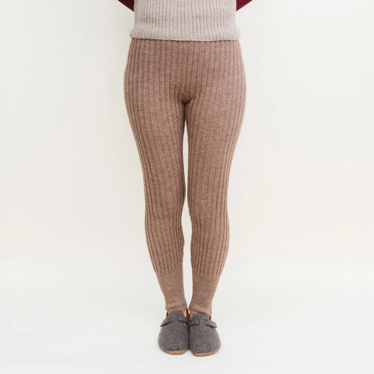 Women's High Waisted Knitted Rib Leggings - 100% Baby Alpaca - Mocha (S-XL)