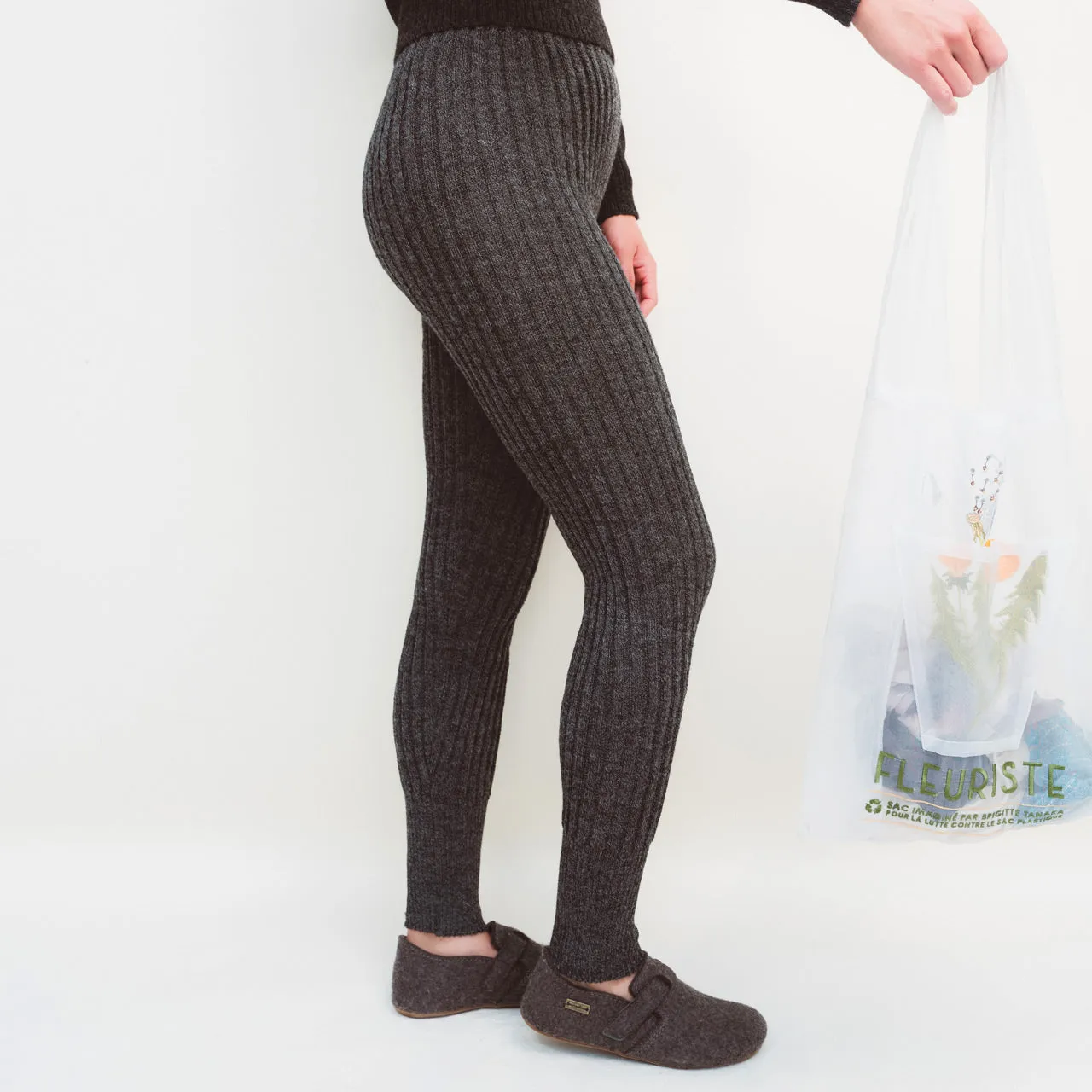 Women's High Waisted Knitted Rib Leggings - 100% Baby Alpaca - Salt & Pepper (S-XL)