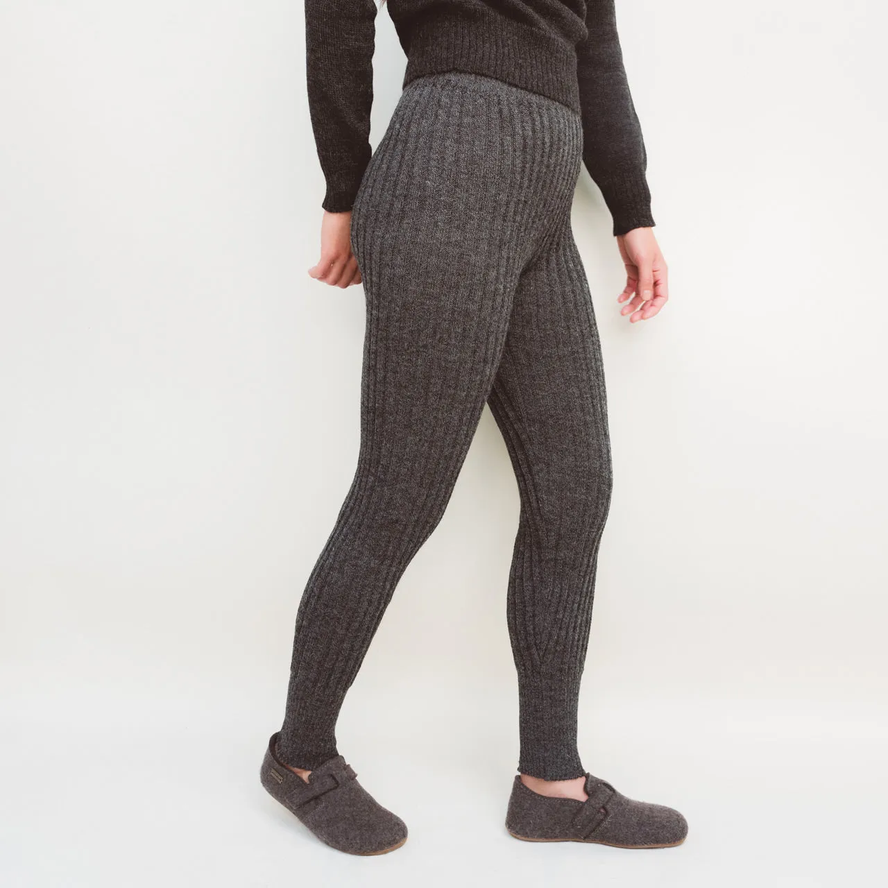 Women's High Waisted Knitted Rib Leggings - 100% Baby Alpaca - Salt & Pepper (S-XL)