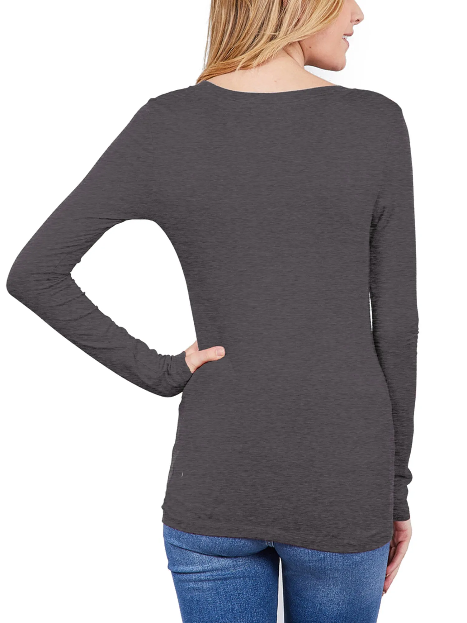 Womens Long Sleeve Basic Plain Scoop Neck T-shirt Top