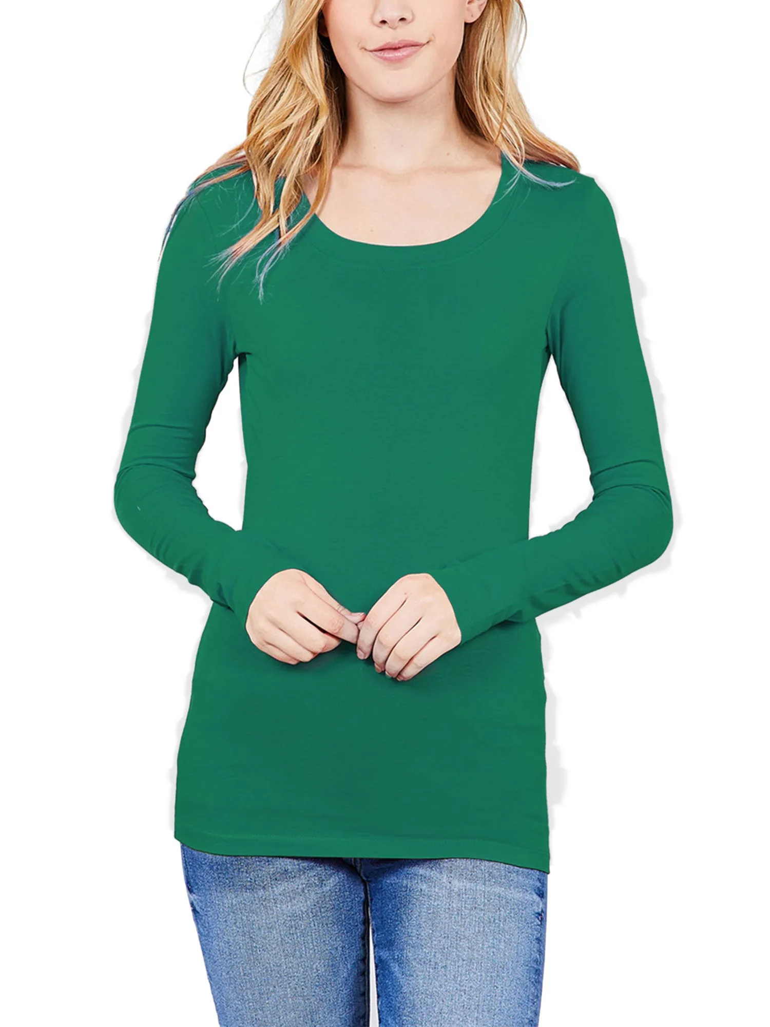 Womens Long Sleeve Basic Plain Scoop Neck T-shirt Top