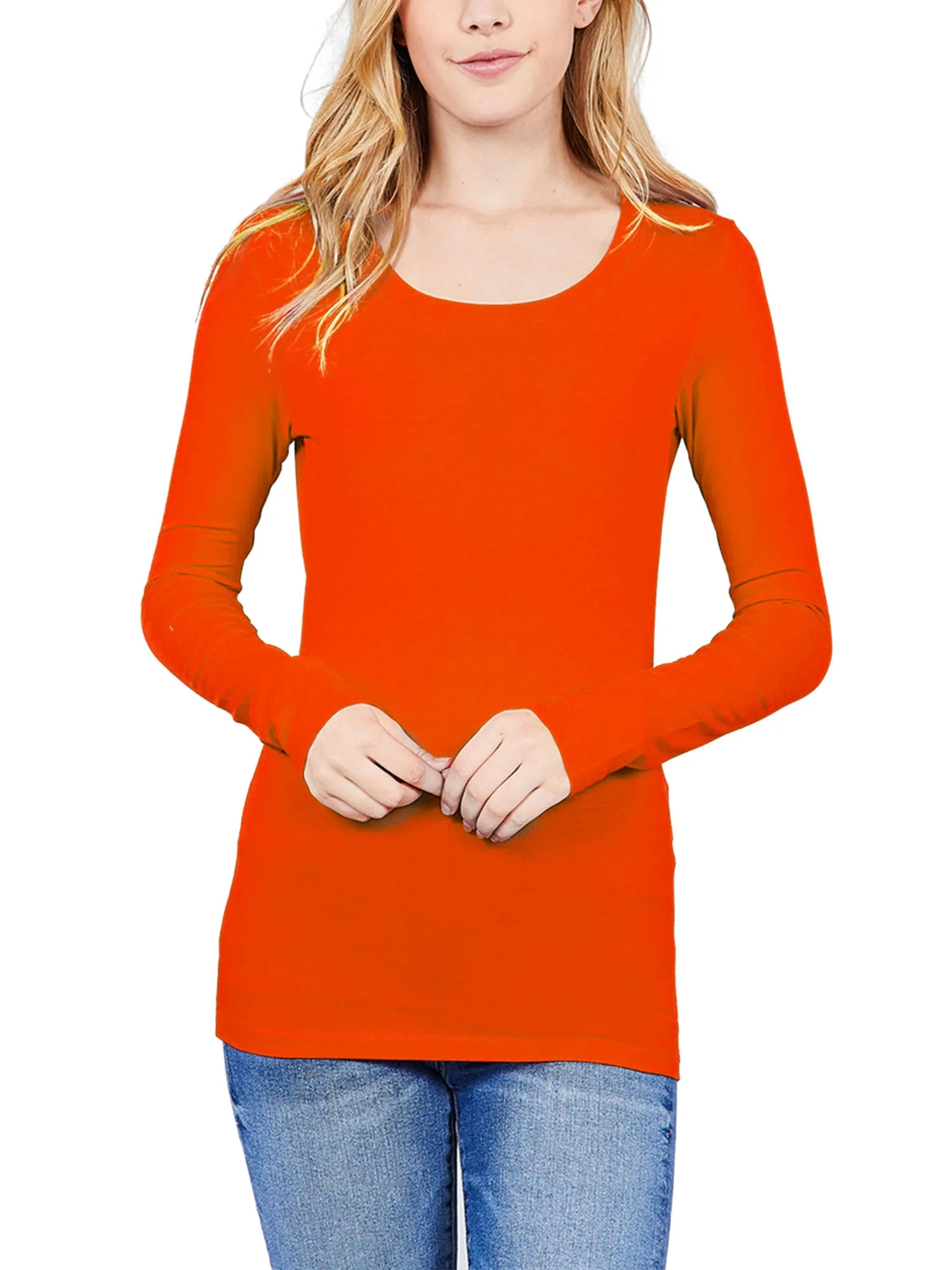 Womens Long Sleeve Basic Plain Scoop Neck T-shirt Top